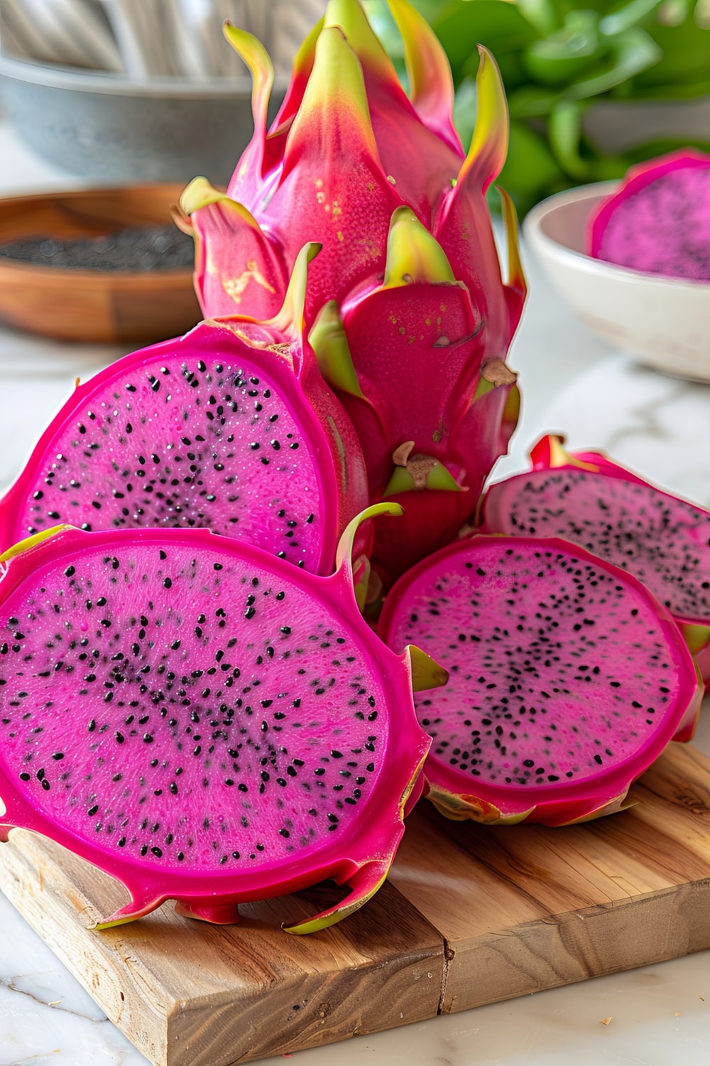 Pitahaya rosada cortada en rodajas sobre una tabla de madera
